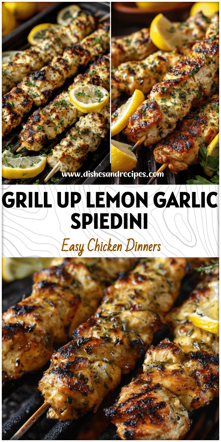 Grilled Lemon Garlic Chicken Spiedini skewers sizzling on a grill with fresh herbs and lemon slices.